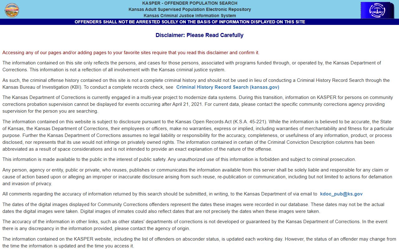 Haskell County inmate records KASPER disclaimer search screen